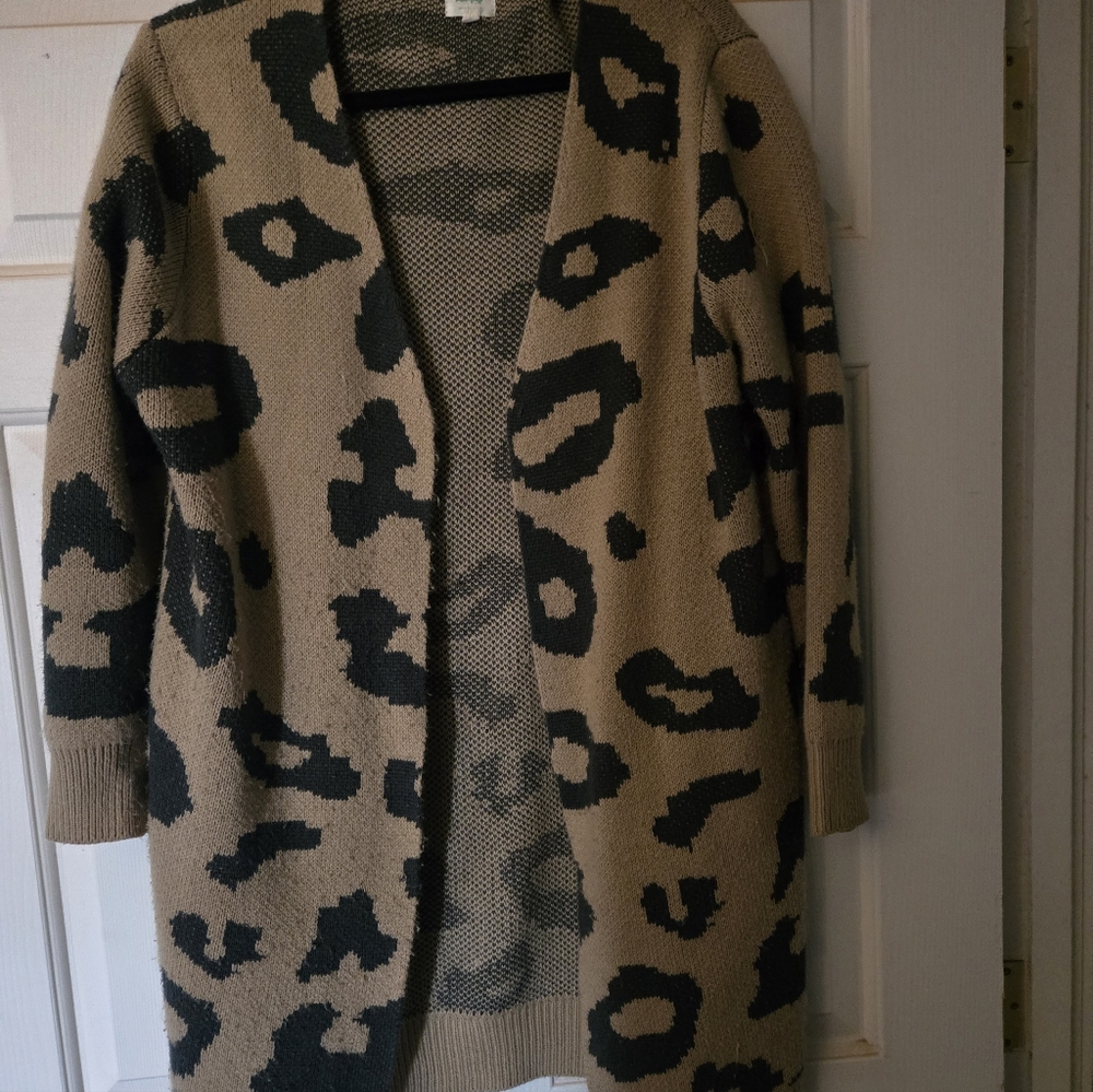 Open-Front Leopard Print Cardigan Sweater - Beige/Black